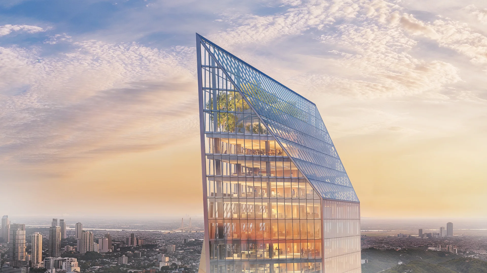 Torre corporativa Triple A de Link Center sobre el skyline de Asunción al atardecer